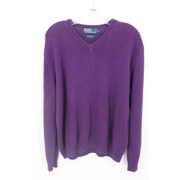 Polo Ralph Lauren Purple 100% Cotton V-Neck Sweater Men’s L - Picture 1 of 6